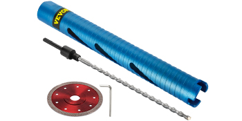 VEVOR dry core drill bit set with blue bit, red disc, and accessories.