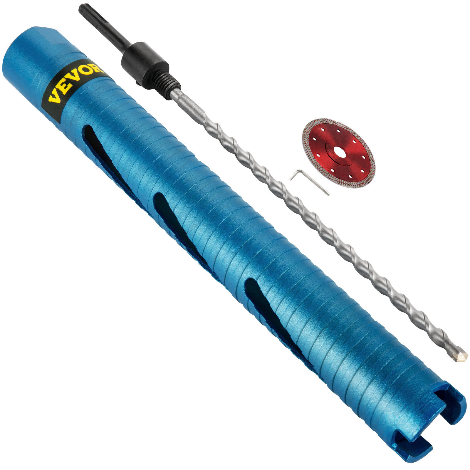 blue VEVOR dry core drill bit set with drill, red blade, and hex key.