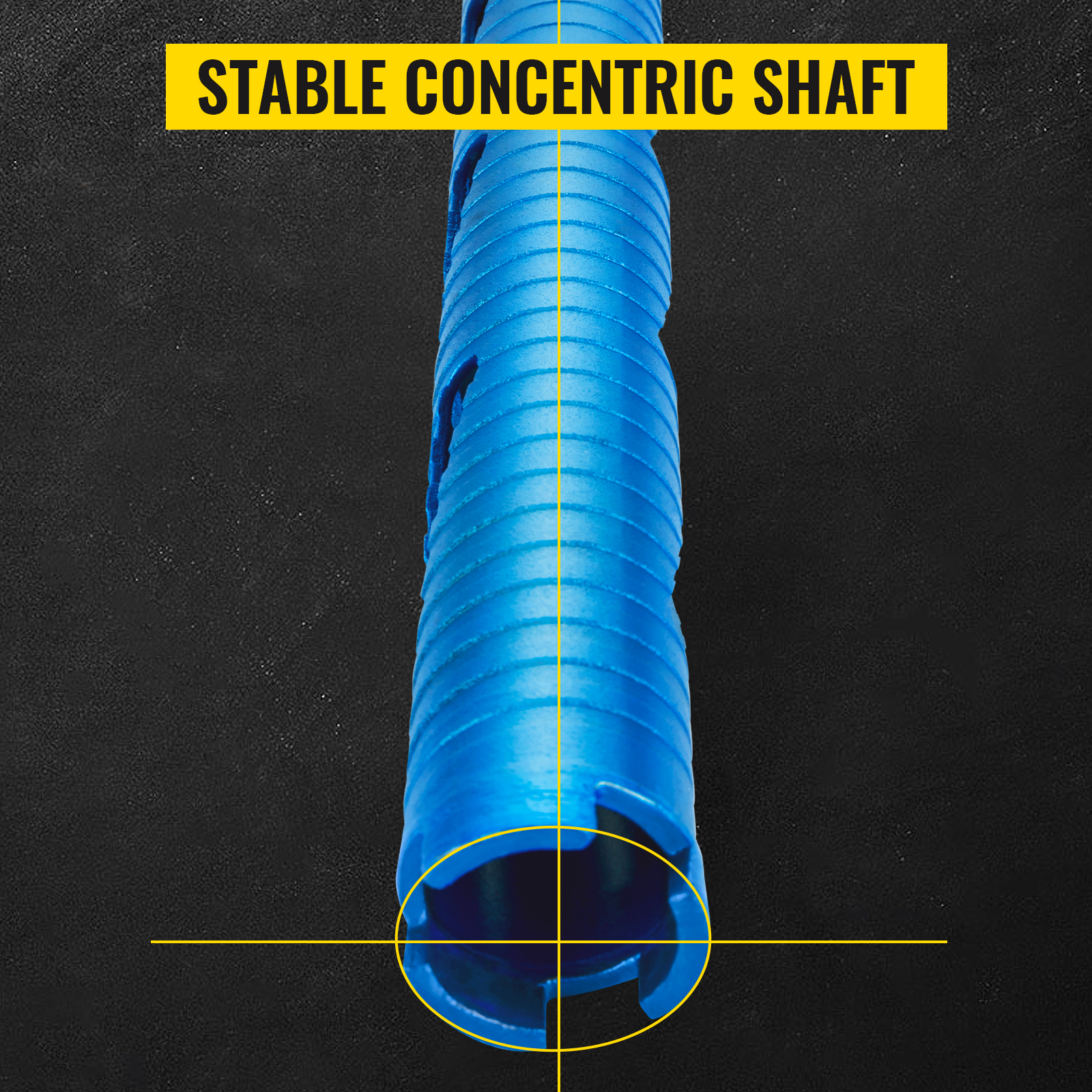 blue VEVOR dry core drill bit with stable concentric shaft against dark background.