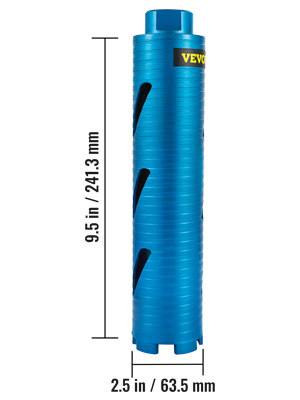 VEVOR core drill bit, blue cylindrical body, 9.5 in height, 2.5 in diameter.