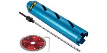 blue VEVOR core drill bit set with diamond blade, drill bit, and hex key.