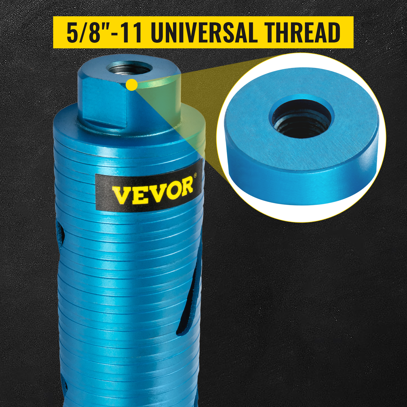 VEVOR core drill bit 5/8"-11 universal thread in blue with focused thread detail.