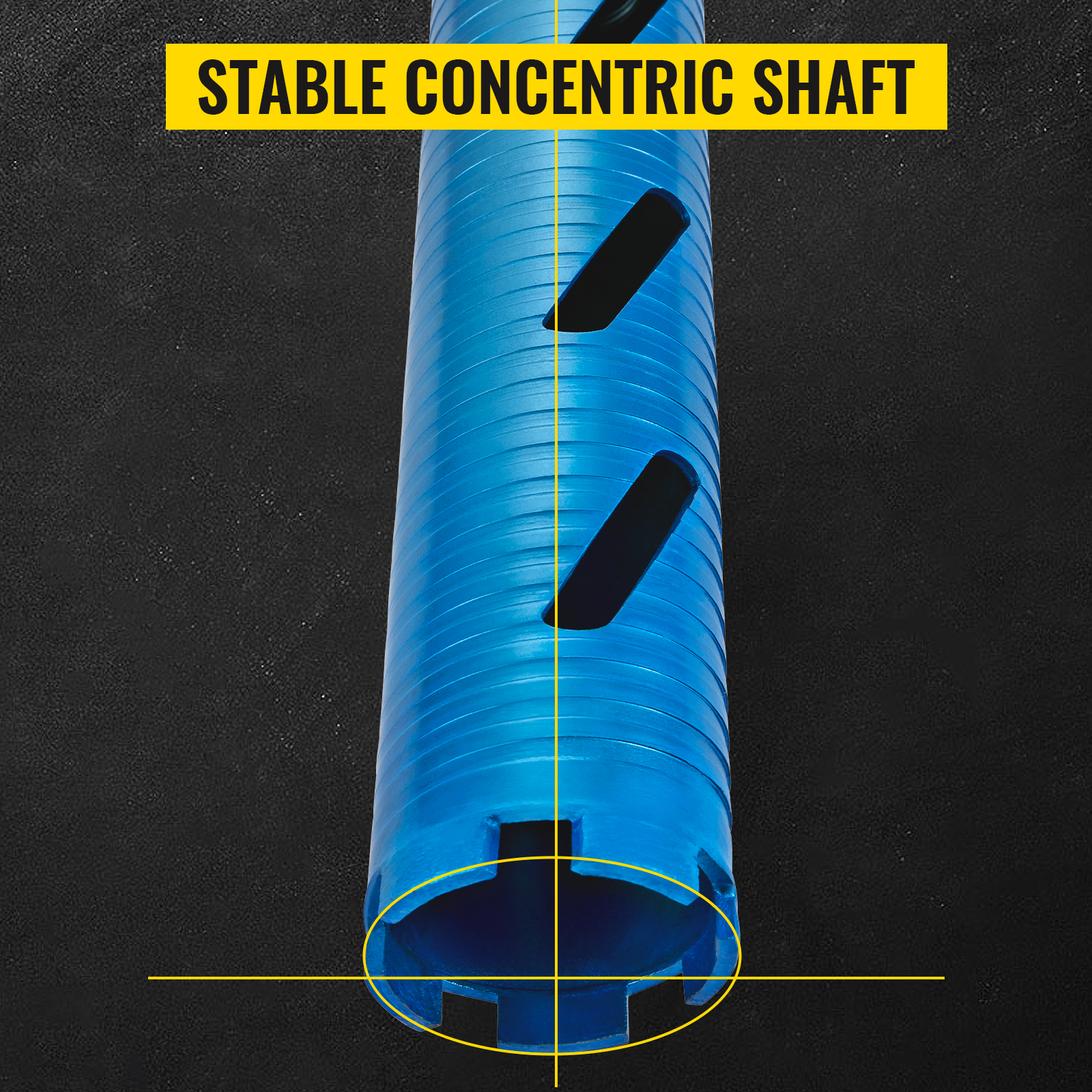 blue VEVOR core drill bit with stable concentric shaft text on a black background.