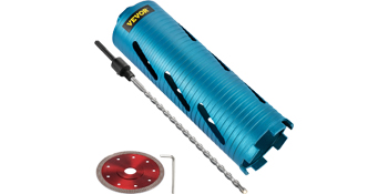 blue VEVOR dry core drill bit with drill rod, red blade, and hex key.