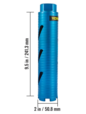 blue VEVOR core drill bit, 9.5" length, 2" diameter, with side cutouts.