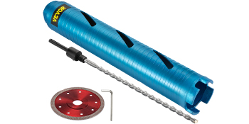 blue VEVOR core drill bit with red circular blade, wrench, and over a white background.