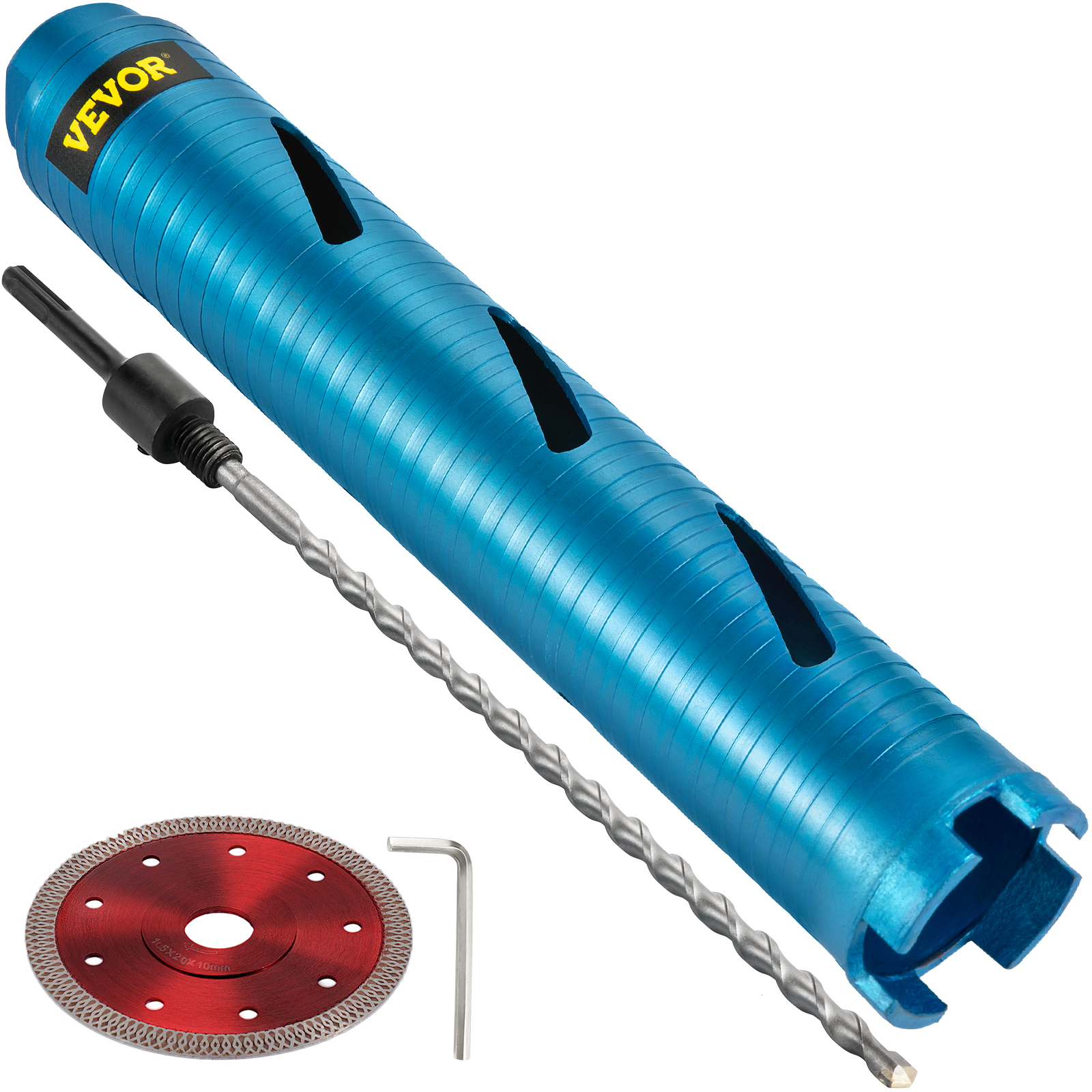 blue VEVOR core drill bit with accessories, including a red saw blade and hex key.