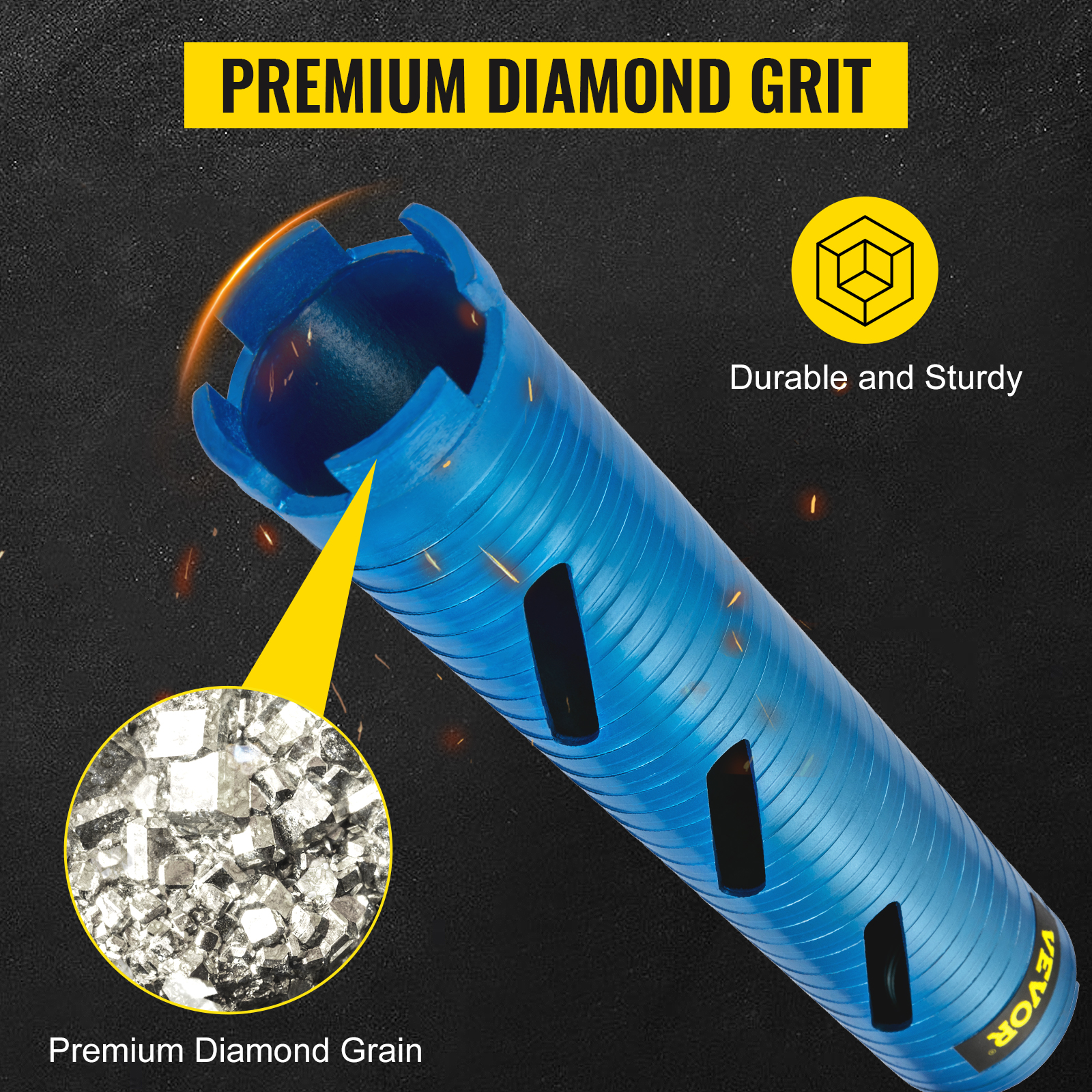 VEVOR core drill bit with premium diamond grit, showcasing durability and sturdy build.