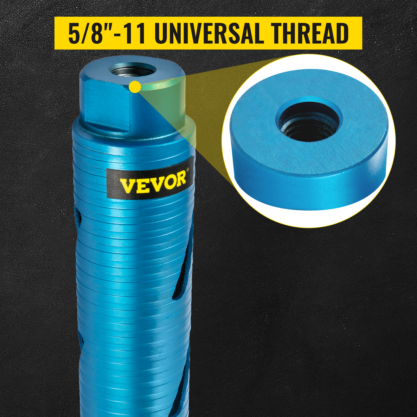blue VEVOR core drill bit with 5/8"-11 universal thread on black background.