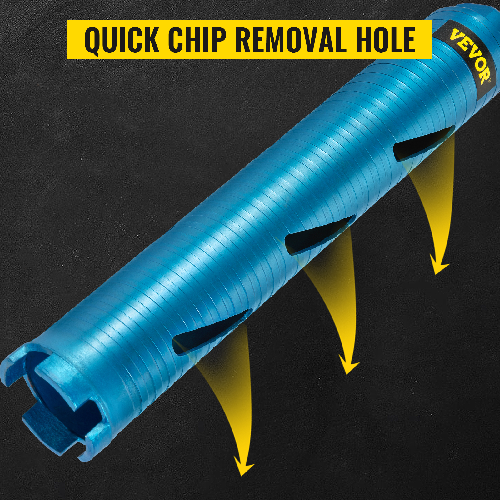 VEVOR core drill bit highlighted with chip removal holes.