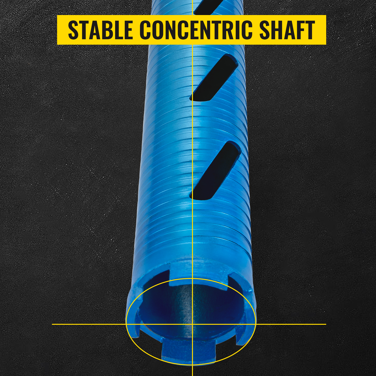 blue VEVOR core drill bit with stable concentric shaft on black background.