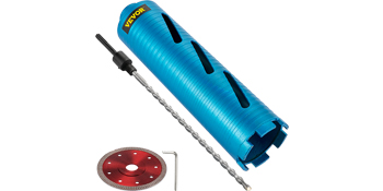 blue VEVOR diamond core drill bit set with additional red saw blade and wrench tool.