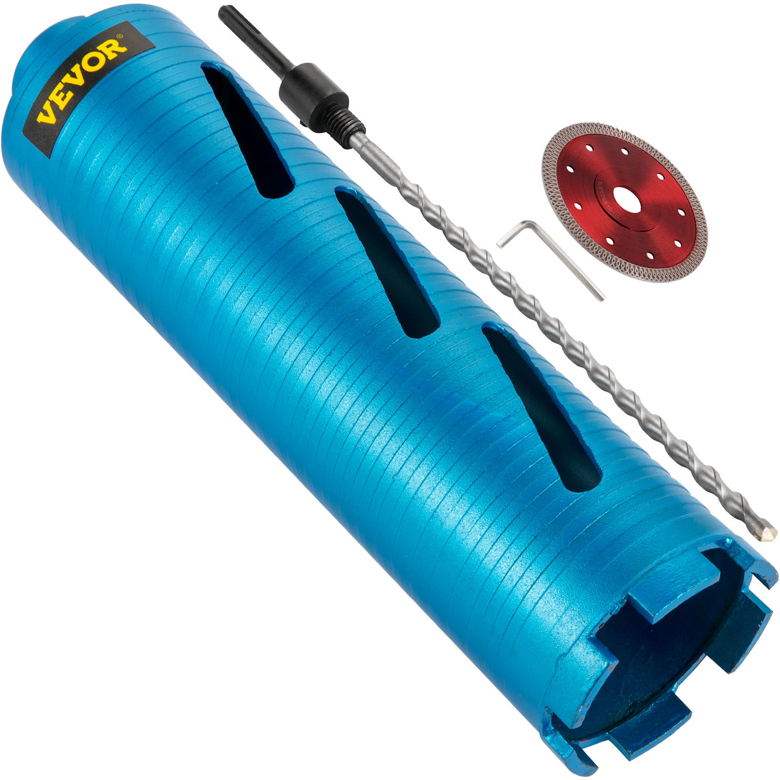 VEVOR diamond core drill bit with accessories including red blade and hex key.