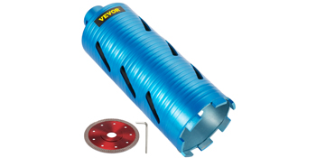 VEVOR diamond core drill bit, blue cylindrical design with red cutting disc and wrench.