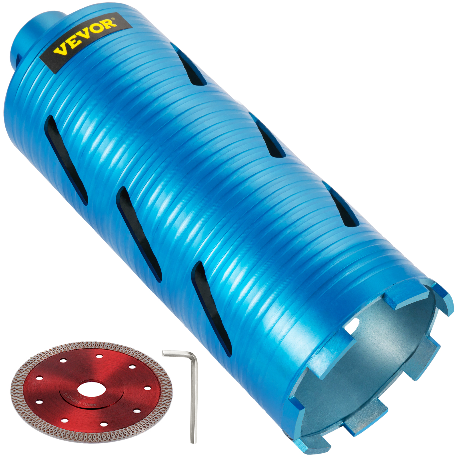blue VEVOR diamond core drill bit with a red cutting disc and hex key tool.