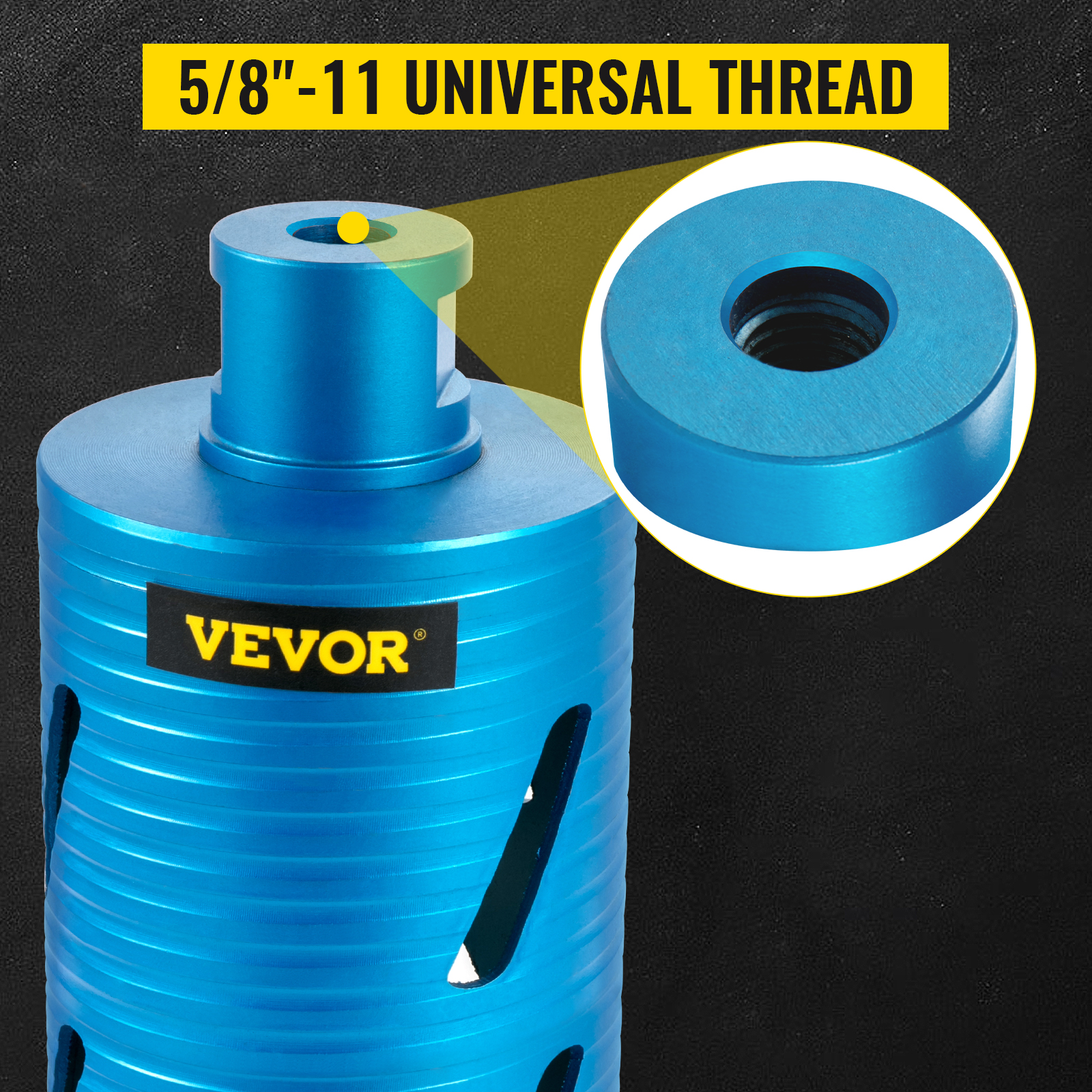 VEVOR diamond core drill bit with 5/8"-11 universal thread in blue.