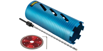 VEVOR diamond core drill bit with red saw blade, rod, and hex key set.