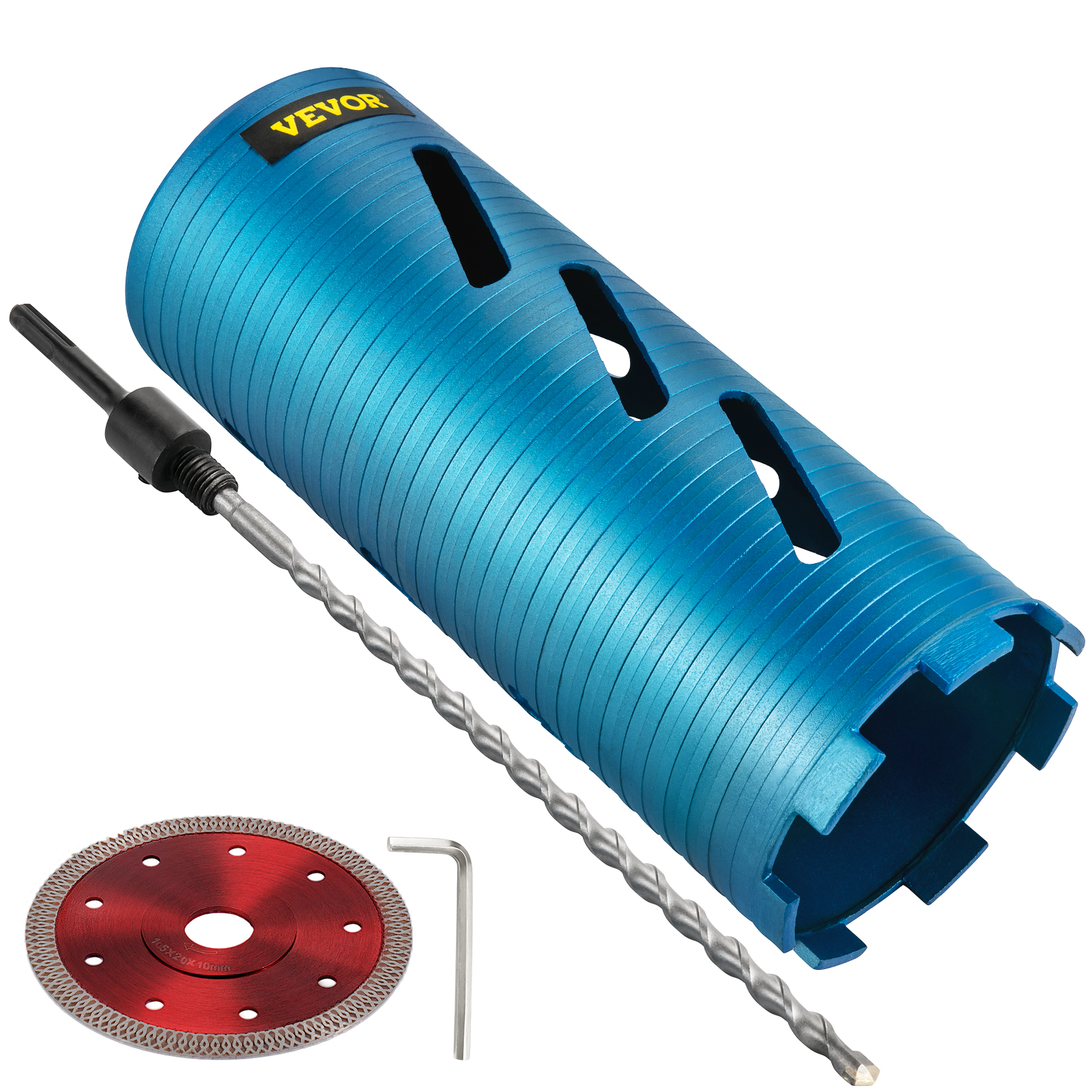 VEVOR diamond core drill bit, red cutting disc, and drill bit handle on white background.
