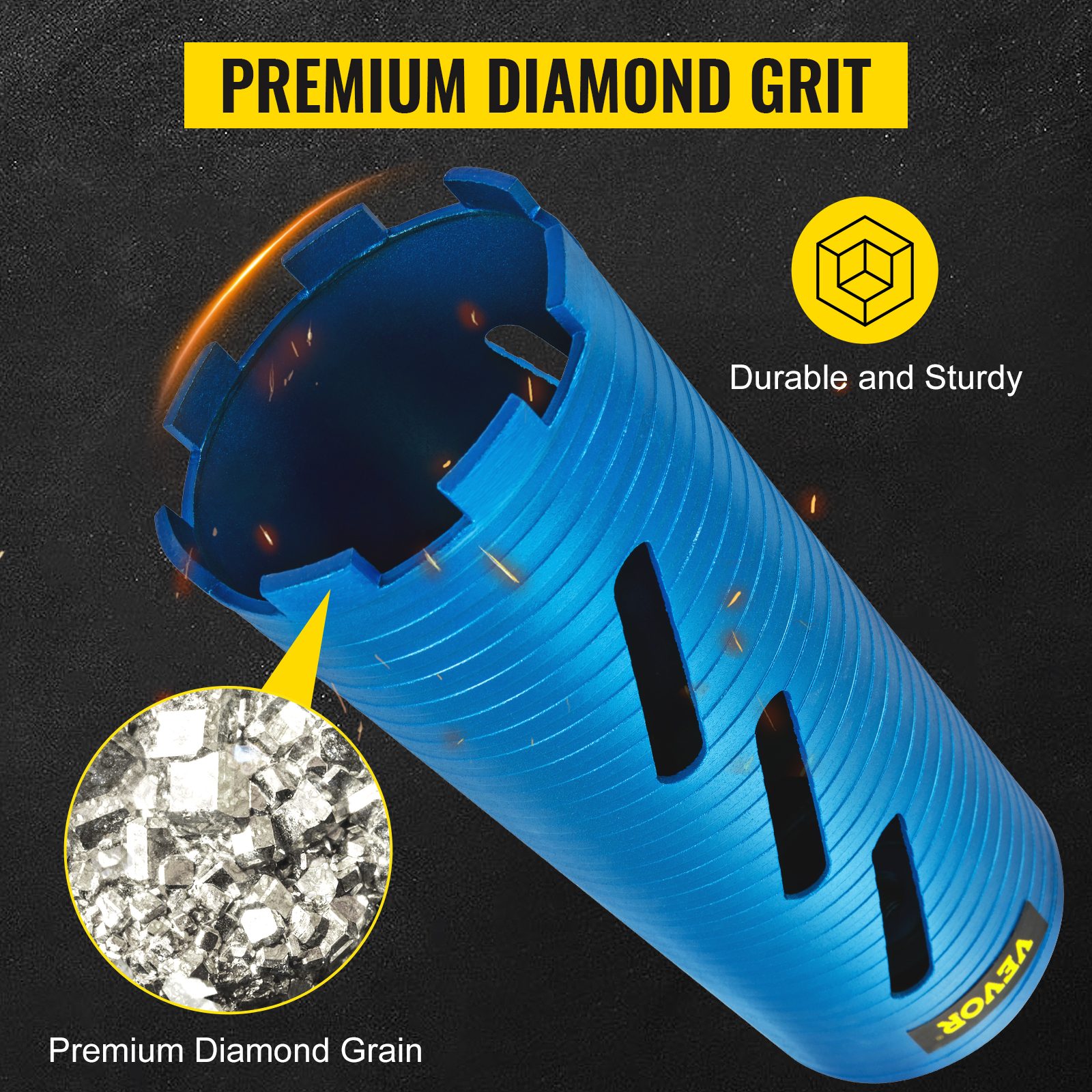 VEVOR diamond core drill bit with premium diamond grit; durable and sturdy design.