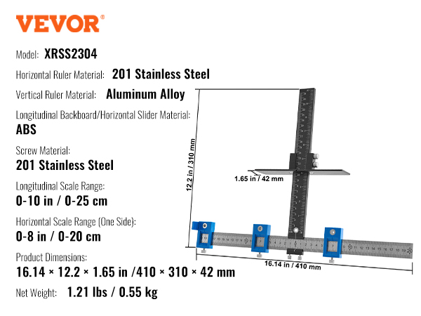 VEVOR cabinet hardware jig with stainless steel and aluminum alloy rulers, 0-10 in and 0-8 in scale ranges.