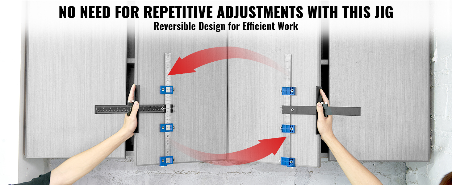 hands using VEVOR cabinet hardware jig with reversible design to align cabinet doors without adjustments.
