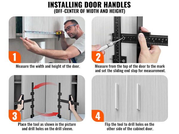 steps to install door handles using VEVOR cabinet hardware jig: measure, drill, flip, install.