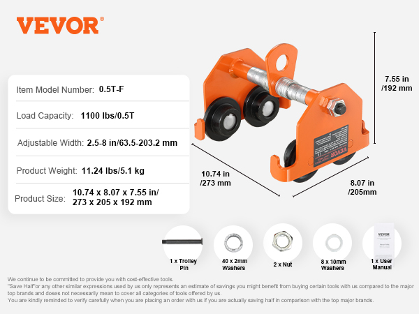 VEVOR manual trolley, 0.5t-k model with 1100 lbs capacity, dimensions: 10.74" x 8.07" x 7.55".