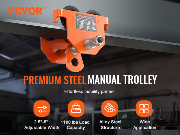 VEVOR manual trolley, premium steel, 1100 lbs load capacity, 2.5"-8" adjustable width.