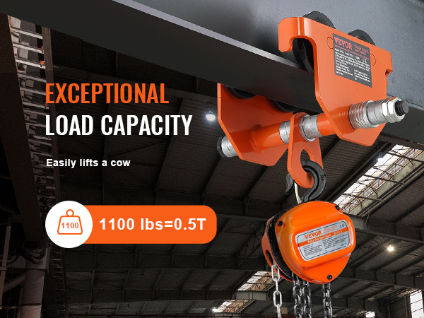 VEVOR manual trolley lifting 1100 lbs in an industrial setting with exceptional load capacity text.