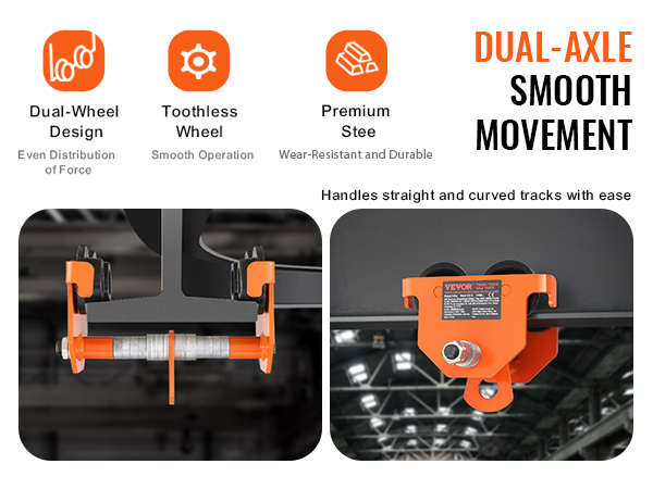 VEVOR manual trolley displaying dual-axle smooth movement, dual-wheel design, toothless wheel, and premium steel.