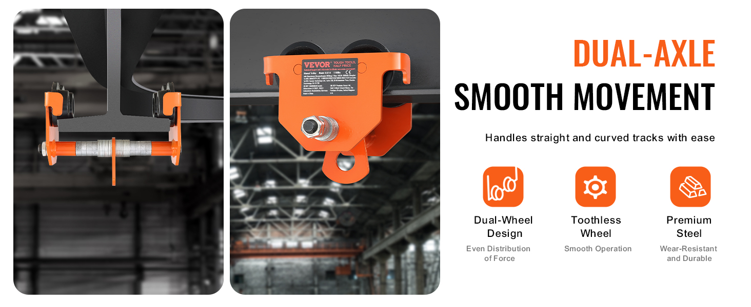 VEVOR manual trolley displaying dual-axle smooth movement, dual-wheel design, toothless wheel, and premium steel.