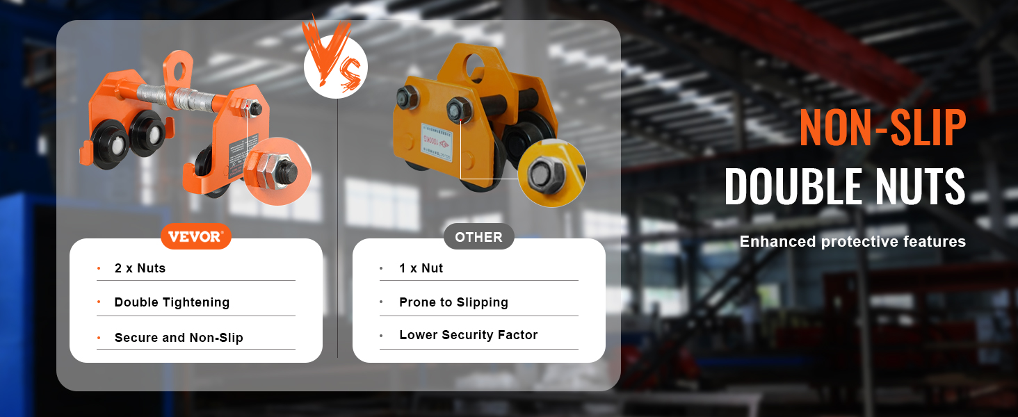 VEVOR manual trolley vs competitor, highlighting non-slip double nuts, enhanced protection, and security.