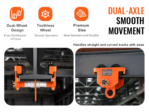 VEVOR manual trolley features dual-axle smooth movement, dual-wheel design, and premium steel durability.
