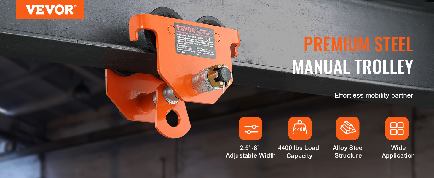 VEVOR manual trolley mounted on a steel beam, featuring 4400 lbs load capacity, adjustable width, alloy steel.