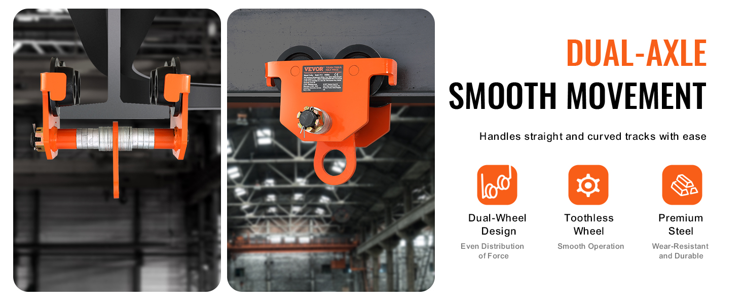 VEVOR manual trolley with dual-axle for smooth movement on straight and curved tracks, premium steel.