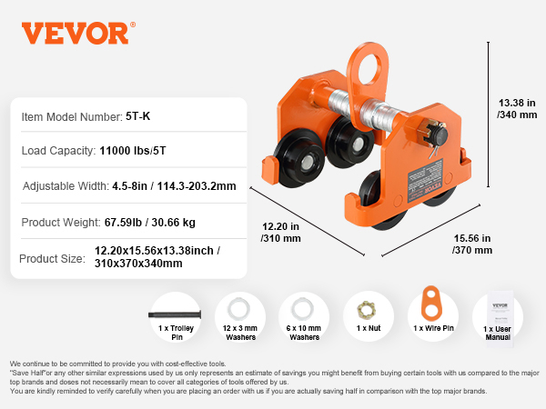 VEVOR manuālie ratiņi, kravnesība 11000 lbs, regulējams platums 4,5-8 collas, produkta izmēri 12,20x15,56x13,38 collas.