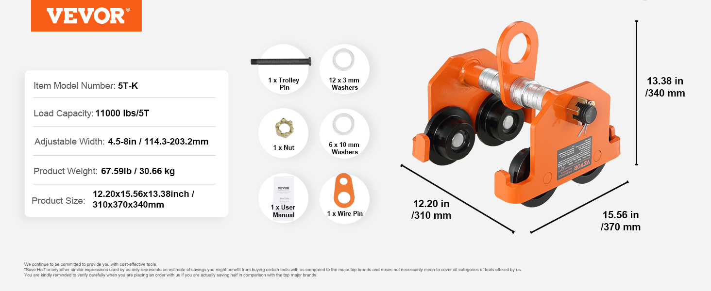 VEVOR manuālie ratiņi, kravnesība 11000 lbs, regulējams platums 4,5-8 collas, produkta izmēri 12,20x15,56x13,38 collas.