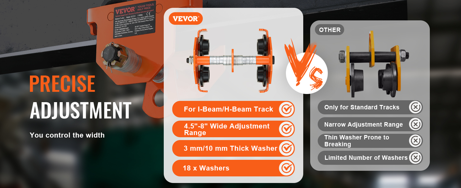 VEVOR manuālie ratiņi i-sijām/h-veida sijām, regulējams platums no 4,5"-8", 3 mm/10 mm biezas paplāksnes, 18 paplāksnes.