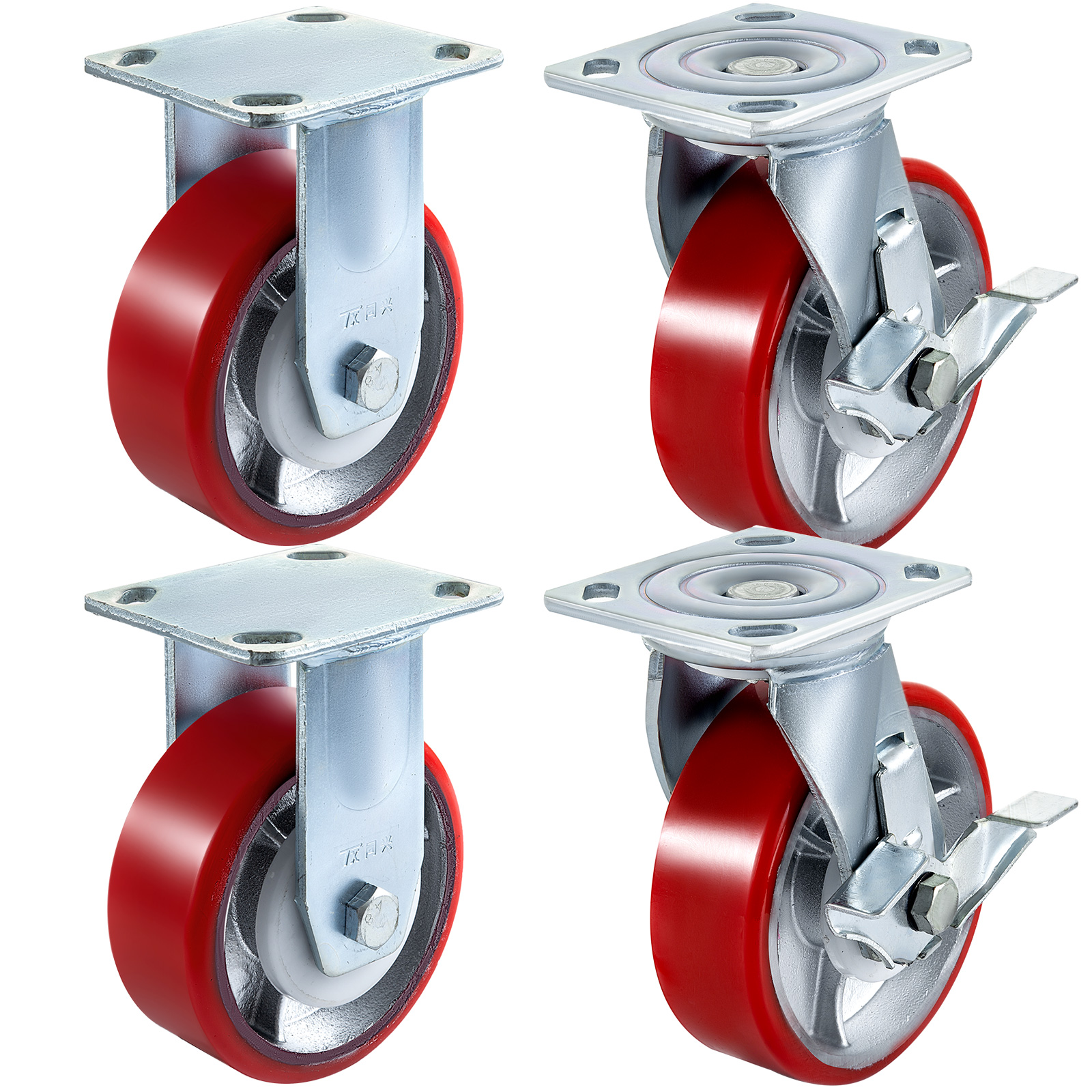 red and silver VEVOR caster wheels, set of four with two locking mechanisms.