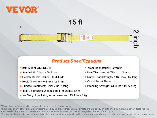 VEVOR ratchet tie down straps, 2 inch wide, 15 ft long, polyester, carbon steel hooks, 4400 lbs strength.