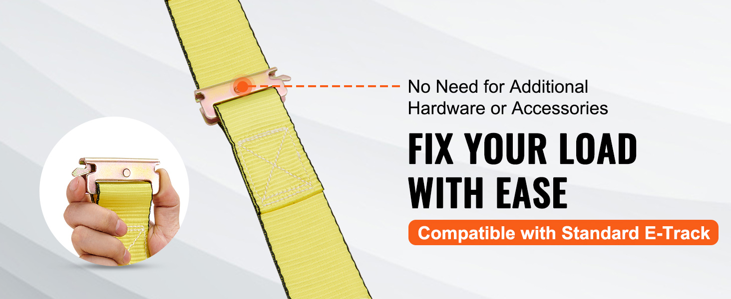 VEVOR ratchet tie down straps showing easy load fixing and compatibility with standard e-track.
