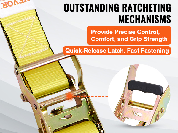 VEVOR yellow ratchet strap with quick-release latch, ensuring precise control and grip.