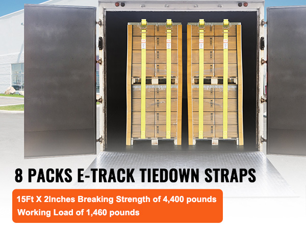 8 packs of e-track tiedown straps securing pallets in a trailer. 15ft x 2in, 4,400 lb breaking strength.
