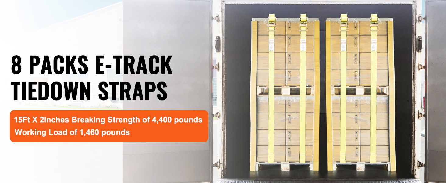 8 packs of e-track tiedown straps securing pallets in a trailer. 15ft x 2in, 4,400 lb breaking strength.