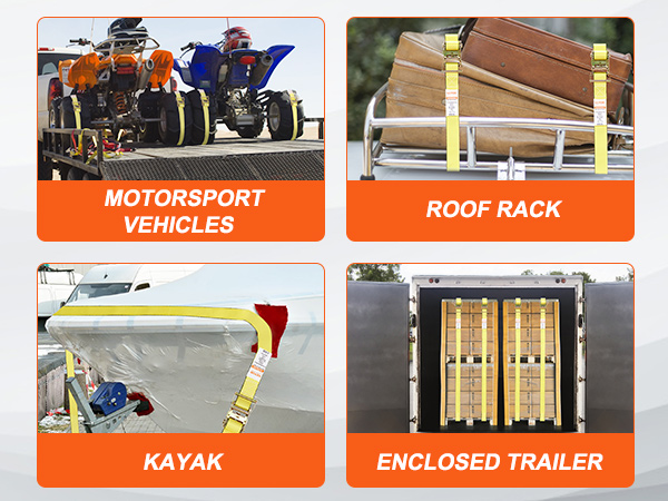VEVOR ratchet tie down straps securing motorsport vehicles, roof rack, kayak, and enclosed trailer cargo.