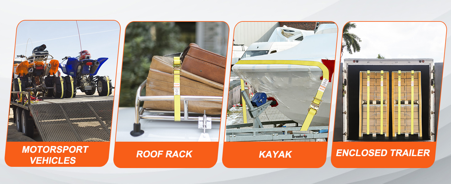 VEVOR ratchet tie down straps securing motorsport vehicles, roof rack, kayak, and enclosed trailer cargo.