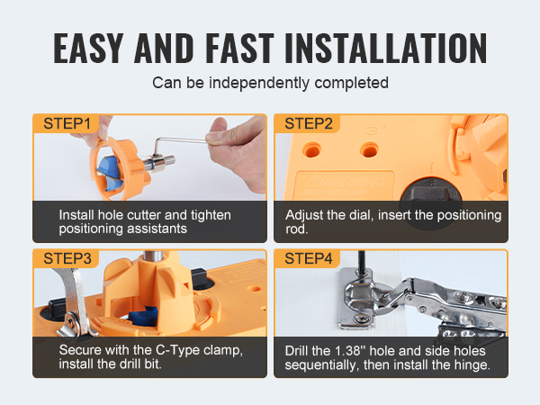 easy steps for VEVOR cabinet hinge jig installation: cutter, dial, c-clamp, drill, and hinge.