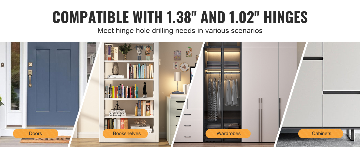 compatible with 1.38" and 1.02" hinges for doors, bookshelves, wardrobes, and cabinets. VEVOR cabinet hinge jig