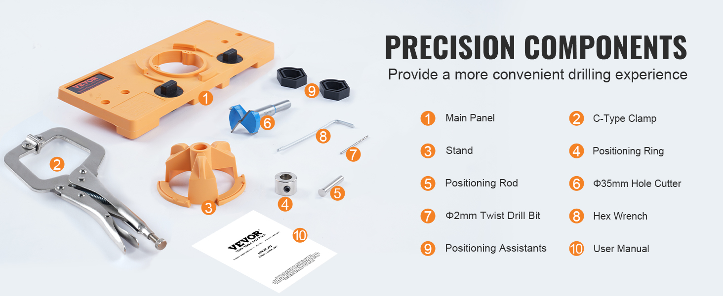 VEVOR cabinet hinge jig with main panel, c-type clamp, stand, positioning ring, and 35mm hole cutter.