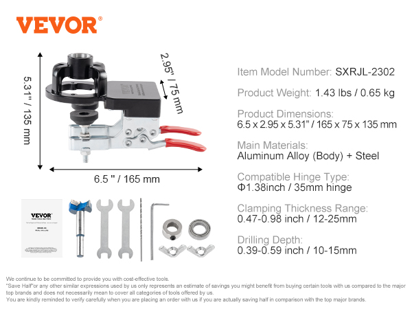 VEVOR door hinge jig with jig frame, hole cutter, wrench set, butterfly nuts, top bearing, and manual.